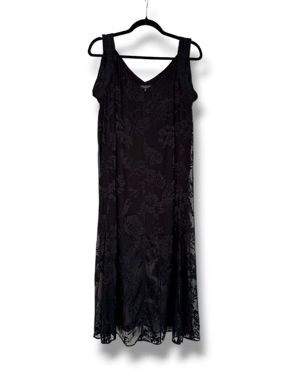 rag & bone black silk blend chiffon velvet tropical floral leaf midi dress XL